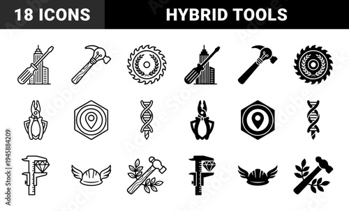 Hybrid construction tools merging manual hardware with industrial symbols featuring screwdriver skyscraper hammer lightbulb and dna drill bit