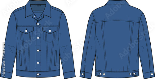 Technical Fashion Sketch of Denim Jacket, Front and Back View, CAD Drawing Flat Vector Illustration, Blue Jean Jacket, Streetwear Mockup.
