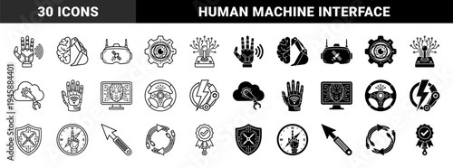 Hybrid robotics and human interface icons merging biological brain with industrial machinery and cybernetic limbs in outline and solid styles