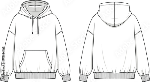 Technical Fashion Sketch of Oversized Hoodie, Front and Back View, CAD Drawing Flat Vector Illustration, Hooded Sweatshirt Mockup, Streetwear Design.