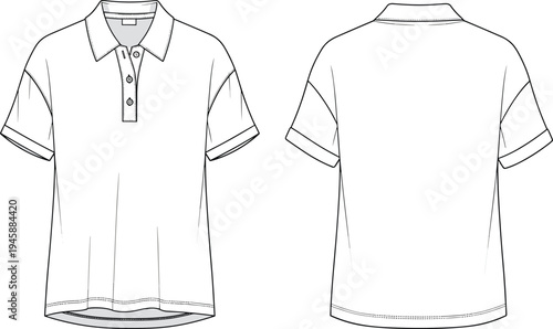 Technical Fashion Sketch of Oversized Polo Shirt, Front and Back View, CAD Drawing Flat Vector Illustration, Short Sleeve Top Mockup.