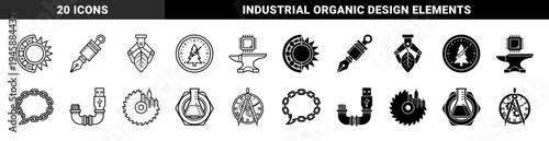 Collection of hybrid conceptual symbols merging industrial engineering with nature and communication featuring mechanical gears foliage and scientific apparatus