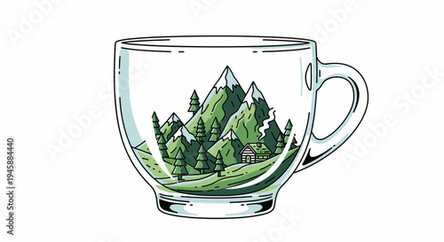 Mountain Landscape Inside a Clear Tea Cup Illustration