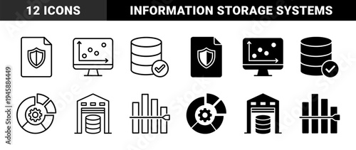 Data Management and Analytics Hybrid Symbols Featuring Secure Document Shield Database Verification Network Storage and Progress Monitoring Chart Elements