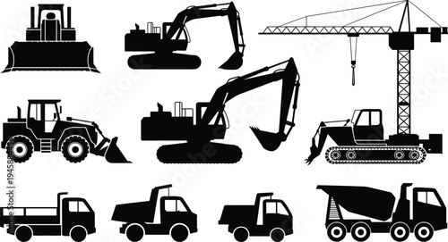 WebBlack construction vehicle silhouettes set with excavator crane bulldozer and dump truck isolated on white background for industrial building design.