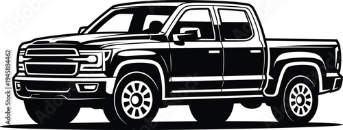WebBlack and white pickup truck vector illustration, modern 4x4 double cab vehicle silhouette, off-road transport icon isolated on white background.