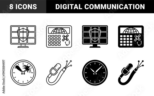 Global communication and digital security concept featuring satellite calculator hybrids, solar panel shields, and fiber optic microphone symbols