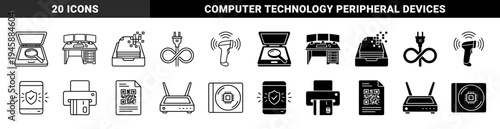 Hybrid Information Technology and Digital Hardware Icons Featuring Scanner Magnifier Desktop Server and Wireless Barcode Reader Concepts