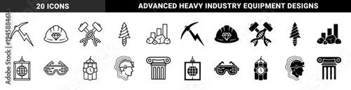 Industrial Mining and Resource Extraction Hybrid Icons Featuring Pickaxe Lightning Bolt DNA Sledgehammer and Diamond Safety Helmet Designs