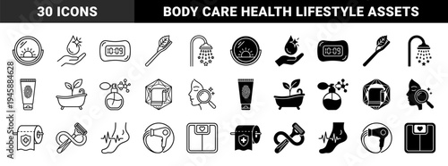 Hybrid personal care and wellness icons featuring conceptual merges like a toothbrush with a leaf and a shower head with stars in outline and solid styles
