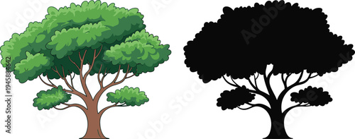WebGreen tree vector illustration and black silhouette set, summer deciduous tree with lush foliage isolated on white background, nature design.