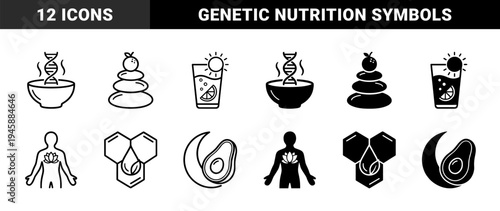 Hybrid wellness icons merging DNA strands with soup bowls lotus flowers in human silhouettes and citrus fruit slices in summer drinks
