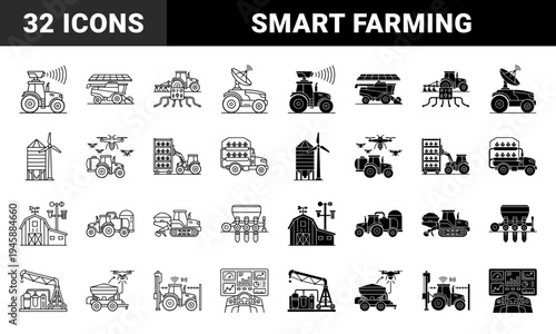 Smart Agriculture Hybrid Icons Featuring Automated Tractors Combine Harvesters Drones and Precision Farming Technology in Outline and Solid Style