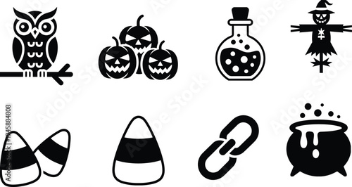 Web  
Vector illustration of Halloween silhouettes, owl, jack-o-lanterns, potion bottle, scarecrow, candy corn, chain, cauldron, spooky holiday decoration, seasonal design