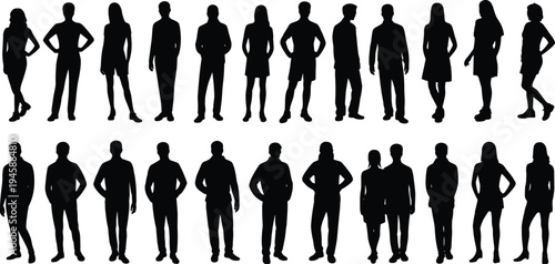 WebLarge collection of diverse people silhouettes standing in various poses including men and women isolated on white background for design