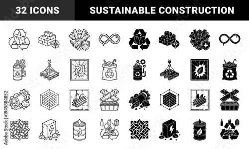 Circular economy and sustainable construction icons featuring recycled building materials industrial waste management and eco friendly masonry