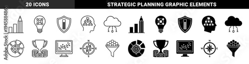 Data analytics and strategic planning symbols featuring hybrid designs of pencils with bar charts lightbulbs with networks and shields with progress bars