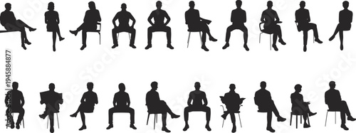 WebLarge set of sitting people silhouettes on chairs, diverse group of men and women resting and waiting, isolated on white.