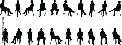 WebLarge set of sitting people silhouettes on chairs, diverse group of men and women resting and waiting, isolated on white.