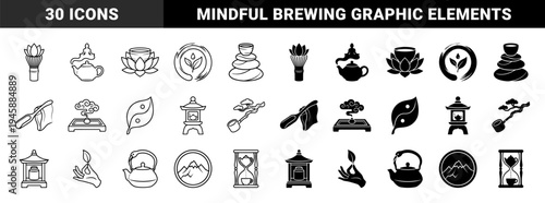 Zen tea ceremony hybrid symbols featuring matcha whisk lotus flower infusion and meditation motifs in linear and solid black and white styles