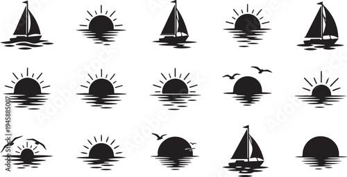 Sailboats and sunsets in calm waters with birds flying