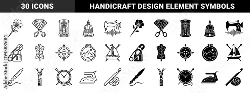 Hybrid Sewing and Tailoring Icons Merging Craft Tools with Nature and Travel Elements in Minimalist Line and Solid Silhouette Style