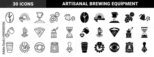 Abstract Coffee Culture Symbols Merging Brewing Equipment with Conceptual Metaphors Like Compass Timers Mountains and Music Notes in Linear and Solid Styles