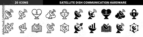 Hybrid communication icons merging satellite dish technology with heart nature growth data and security symbols for connectivity and broadcasting