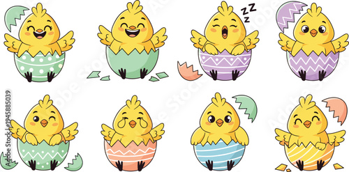 Cute Easter Chick Hatching from Decorated Eggs Cartoon Baby Chicken Spring Holiday Vector Illustration Set