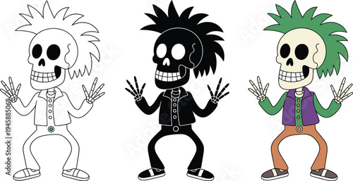 WebPunk rock skeleton character vector set, mohawk skull illustration in line art, silhouette and color, halloween rockstar isolated on white.