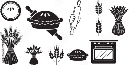 Baking icons and wheat illustrations in black and white