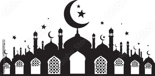 Islamic Architecture Silhouette with Crescent Moon and Stars Design