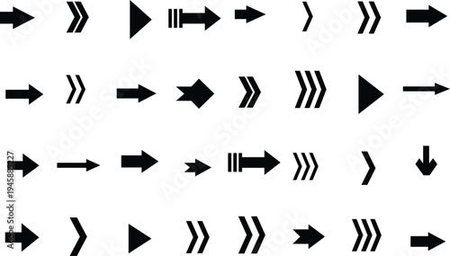 A collection of distinct black arrow indicators arranged neatly on a pure white backdrop