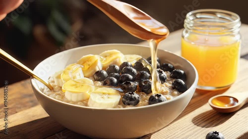 Healthy oatmeal breakfast bowl with fresh fruit and honey