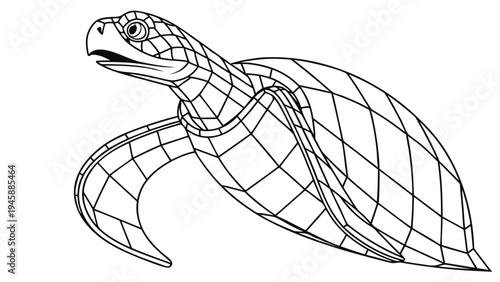 3d scientific mesh model of a sea turtle with curved triangular grid lines on a white background for graphic design and technology applications