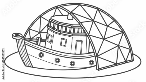 Scientific mesh model of a ship enclosed in a curved triangular grid dome structure