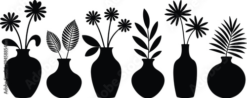 WebVector illustration of flower vases silhouettes with floral arrangements, leaves, daisy flowers, palm leaf, decorative design, home decor, nature art