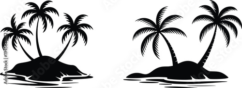 WebTropical palm tree island silhouettes set, exotic beach summer vacation icons, black coconut trees on small islands isolated on white.