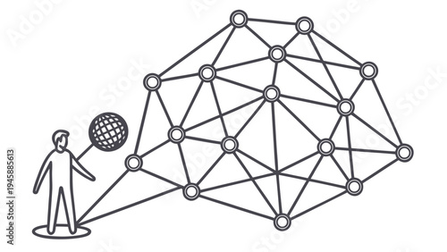 Person interacting with large cybernetic mesh network cluster dense polygon connections and nodes