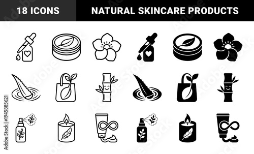 Natural skincare and holistic wellness hybrid symbols featuring aloe vera bamboo frangipani flower and essential oil droppers in outline and solid styles