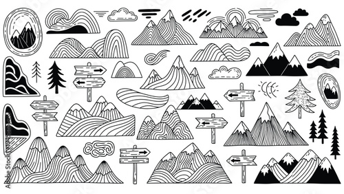 Black and white mountain icons set.