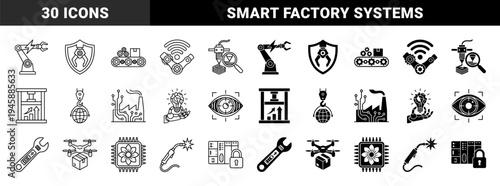 Industrial Smart Manufacturing Hybrid Icon Set Featuring Robotic Arms 3D Printing Drones And Digital Factory Automation Symbols In Outline And Solid Style