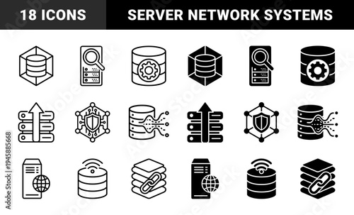 Data Management and Server Infrastructure Icons Featuring Hybrid Symbols of Database Storage With Search Security Connectivity and Cloud Computing Elements