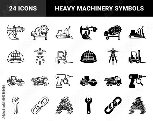 Heavy Construction Equipment and Industrial Management Hybrid Icons Featuring Bulldozer Analytics Concrete Mixer Timer and Caliper Excavator Metaphors