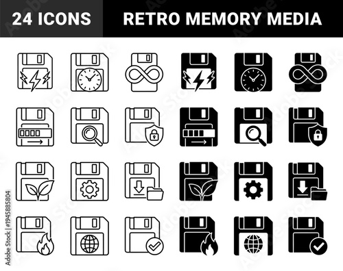 Hybrid floppy disk icons combining retro storage media with modern functional symbols like lightning bolts clocks infinity signs and nature leaves