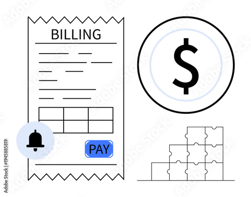 Billing concept. Billing process with payment reminders, financial transaction visuals, and a dollar symbol. Billing in finance, payment systems, e-commerce, accounting, and budget planning