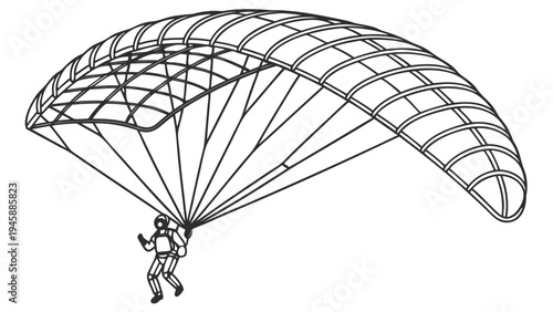 Person paragliding with harness and lines on a large wing flying freely in the air with a parachute
