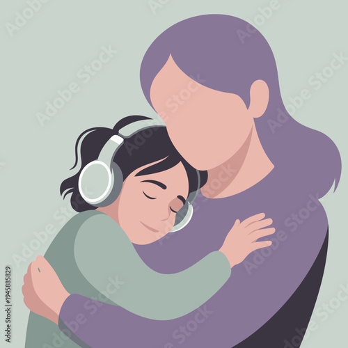 A mother lovingly embraces her child who is wearing headphones.