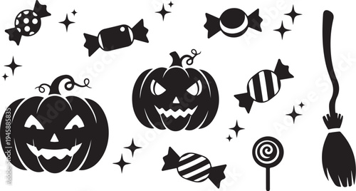 Halloween icons including pumpkins, candies, and witch broomstick silhouettes