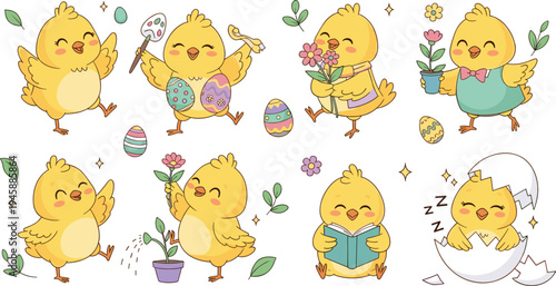 Cute Easter Chick Cartoon Collection with Eggs Flowers Watering Can and Cracked Eggshell Vector Illustration Set